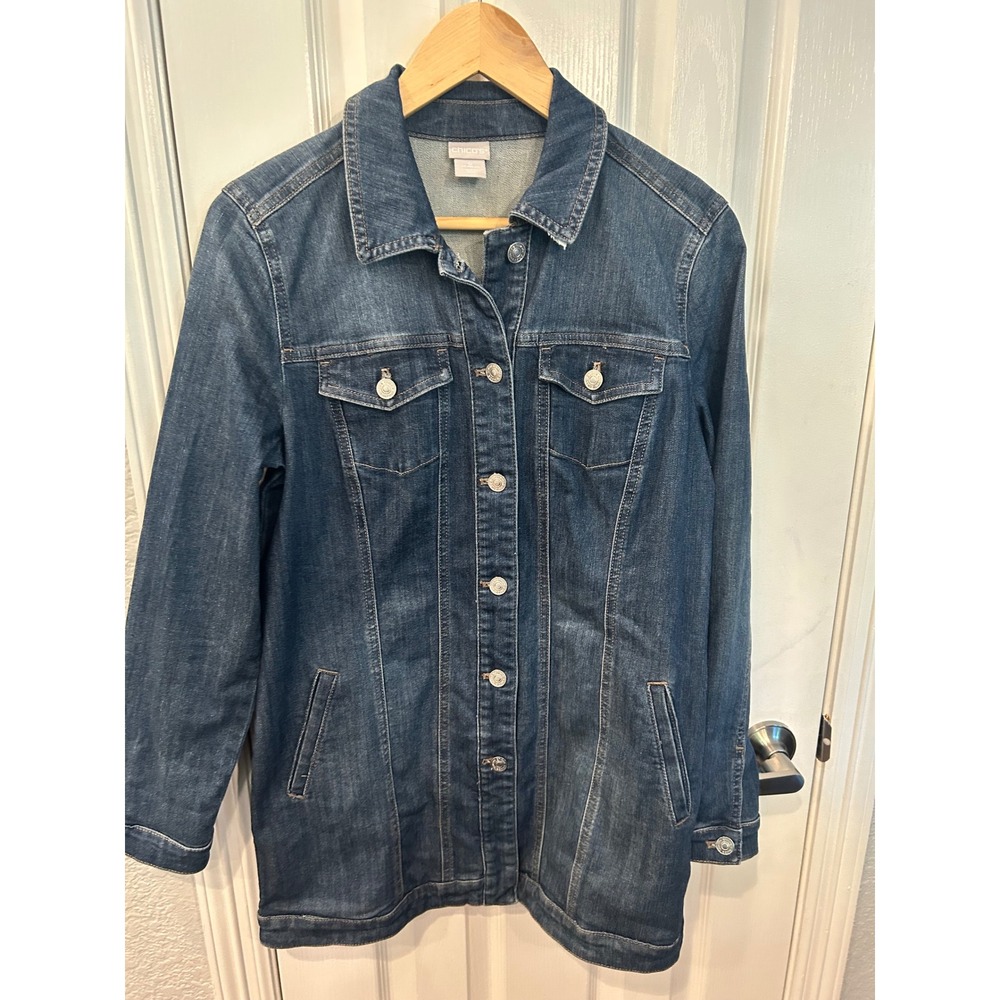 Chico's Denim Jacket Blue Longline Button Front Stretch Trucker Coat